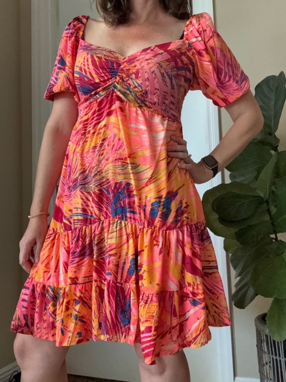 Gold & Silver Paris Pink & Orange Tropical Print Mini Dress Size T1